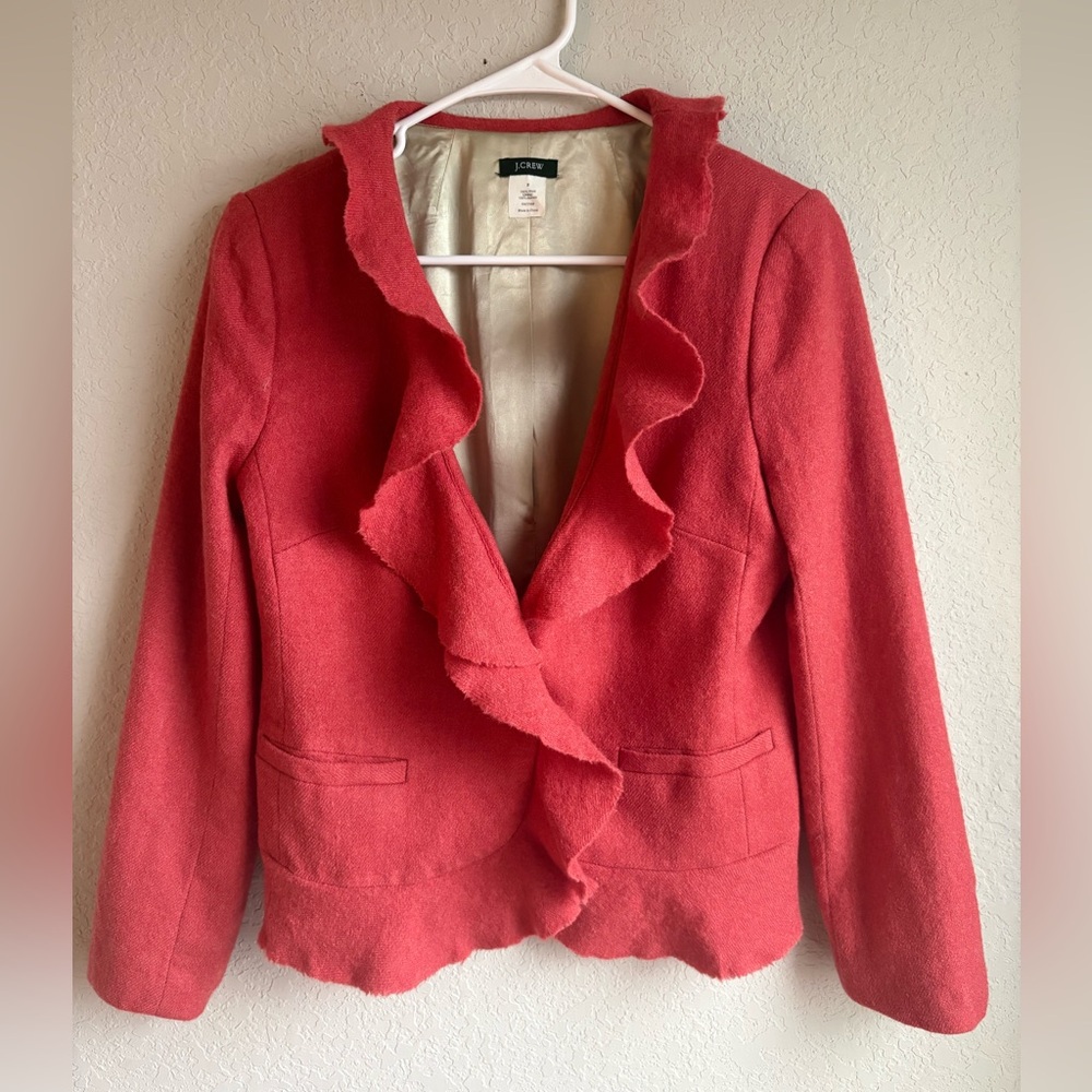 J. Crew Coral Ruffled 100% Wool Blazer